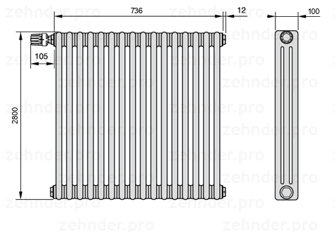 Схема (чертеж) Радиатор Zehnder Charleston 3280/16 №V011 Белый глянцевый RAL 9016